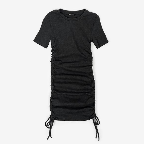 Zara Ribbed Ruched Mini Dress Medium Dark Gray Minimalist Soft Glam Grunge Edgy - Picture 1 of 6